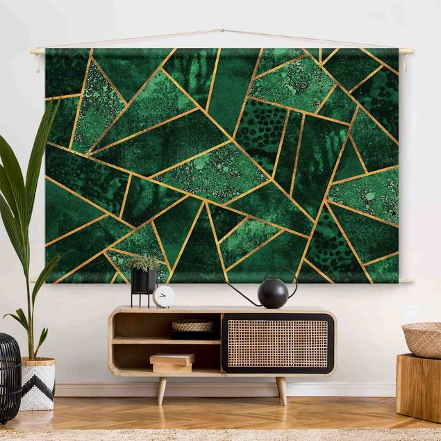Wandteppich modern Dunkler Smaragd mit Gold