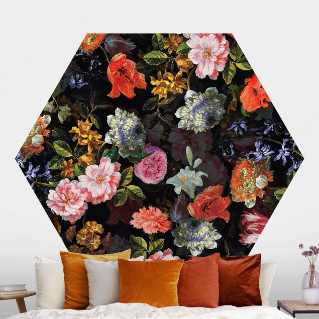Hexagon Mustertapete selbstklebend - Dunkles Blumenbouquet