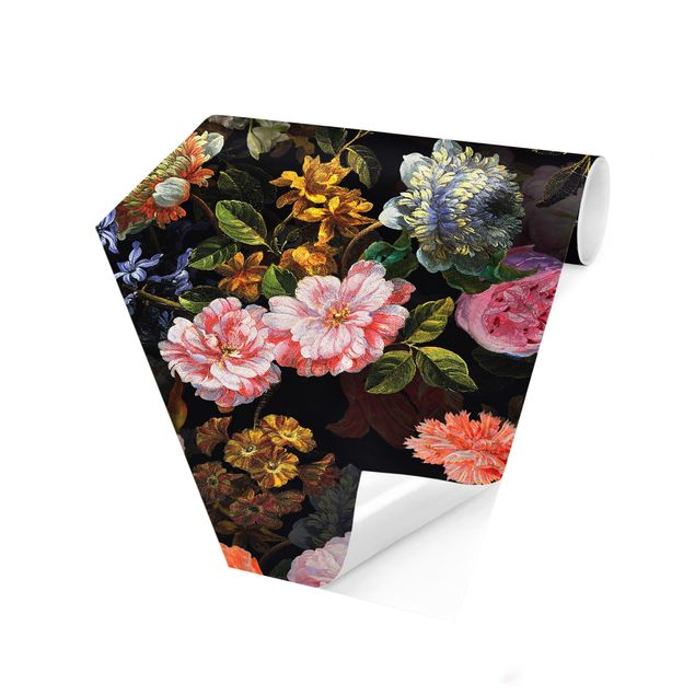 Hexagon Mustertapete selbstklebend - Dunkles Blumenbouquet