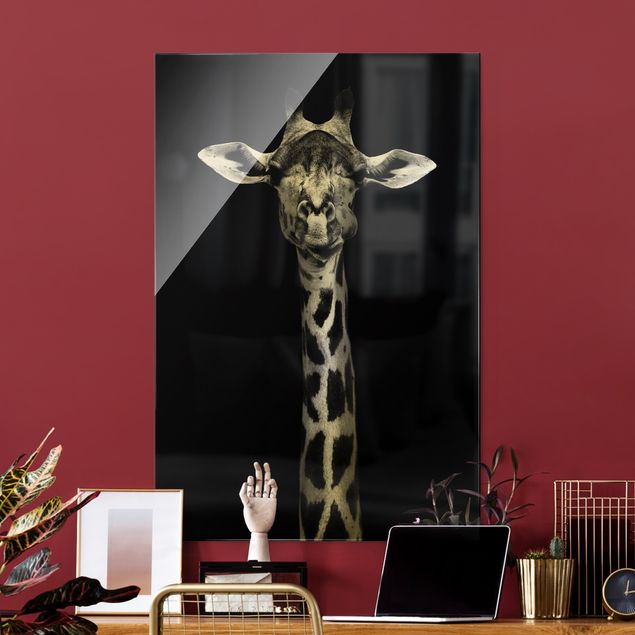 Glasbilder Schwarz-Weiß Dunkles Giraffen Portrait