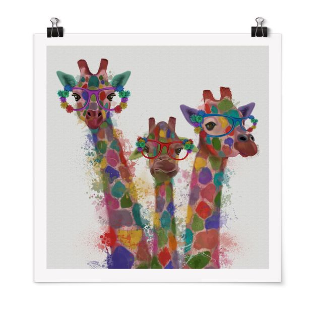 Moderne Poster Regenbogen Splash Giraffen-Trio
