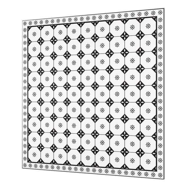 Spritzschutz Glas - Geometrische Fliesen Landhaus Schwarz Weiß mit Bordüre - Quadrat 1:1