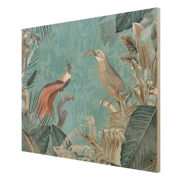 Wandbild Holz Vintage Collage - Paradiesvögel
