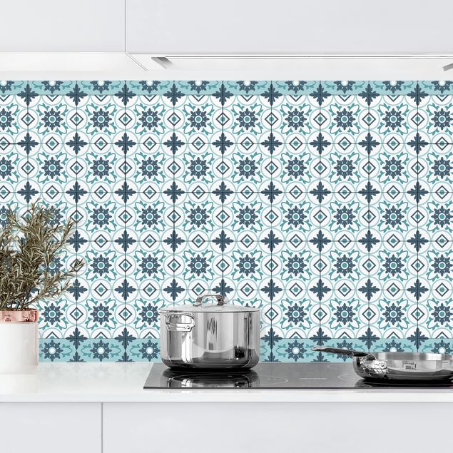 Platte Küchenrückwand Geometrischer Fliesenmix Blume Türkis