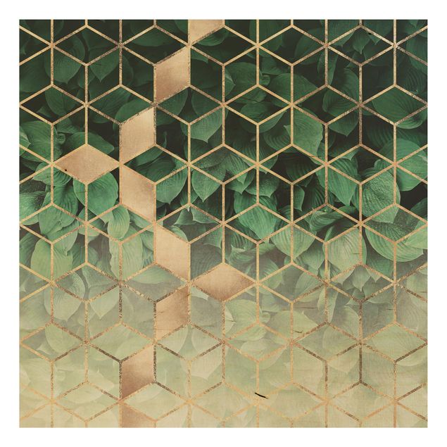 Holzbild - Grüne Blätter goldene Geometrie - Quadrat 1:1