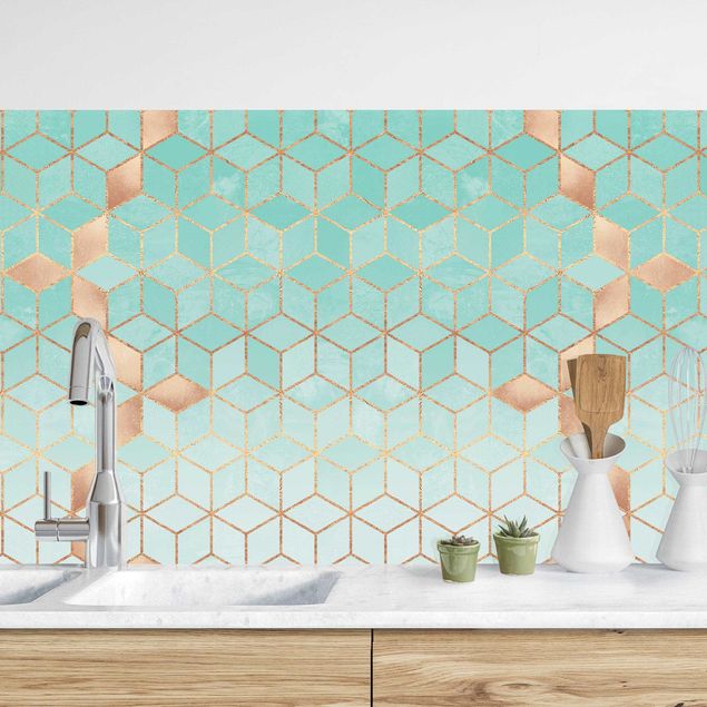 Platte Küchenrückwand Türkis Weiß goldene Geometrie II