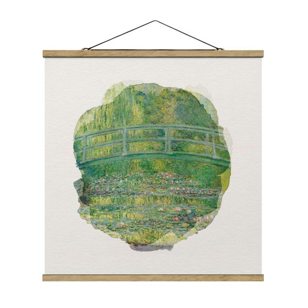 Stoffbild mit Posterleisten - Wasserfarben - Claude Monet - Japanische Brücke - Quadrat 1:1