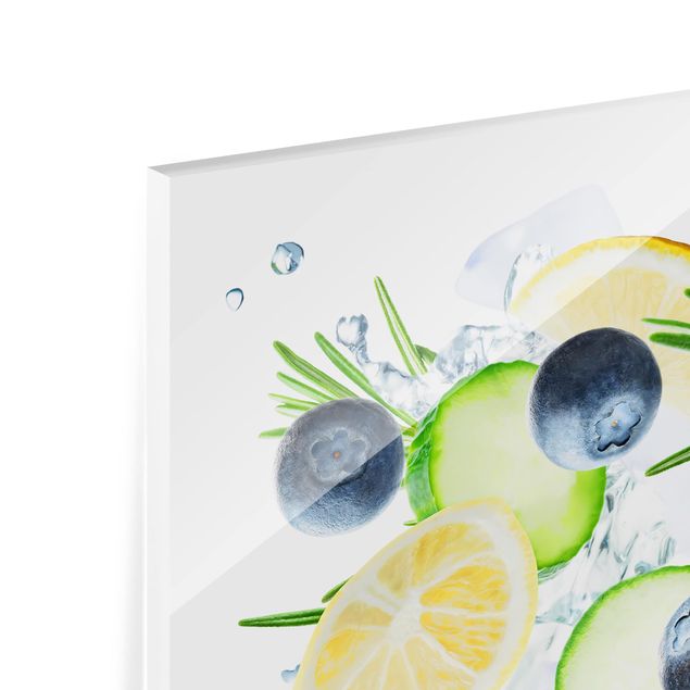 Spritzschutz Glas - Blaubeeren Zitronen Eiswürfel Spash - Querformat - 3:2