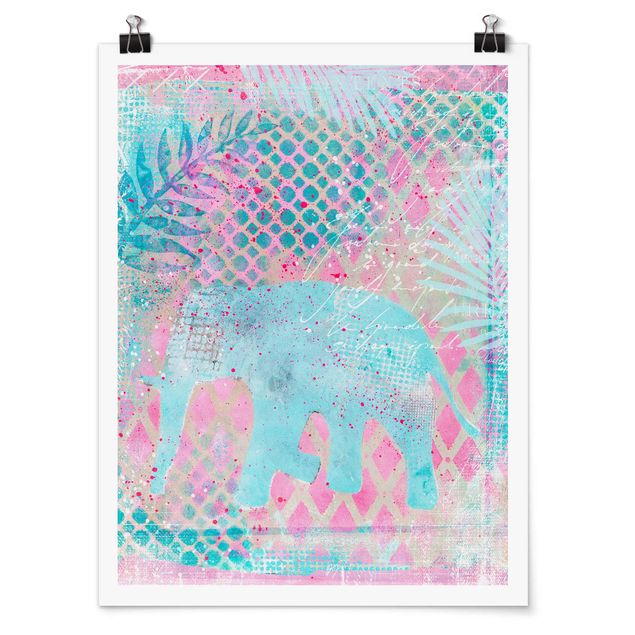 Poster - Bunte Collage - Elefant in Blau und Rosa - Hochformat 4:3