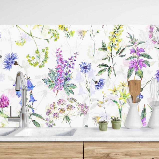 Platte Küchenrückwand Aquarellierte Wiesenblumen