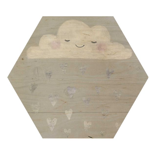 Hexagon Bild Holz - Wolke mit silbernen Herzen