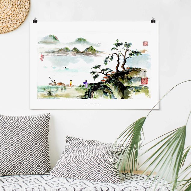 Poster Berge Japanische Aquarell Zeichnung See und Berge