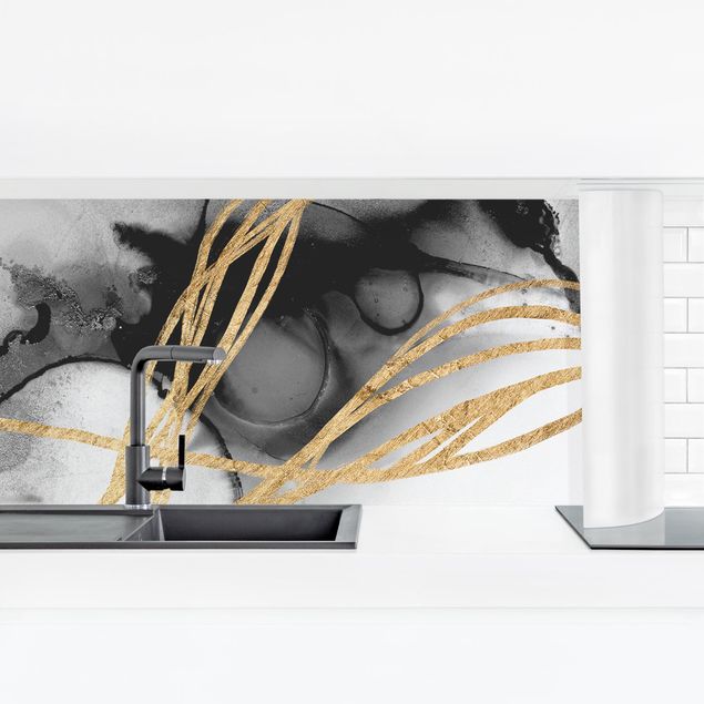 Wandpaneele Küche Schwarze Tusche mit goldenen Linien II