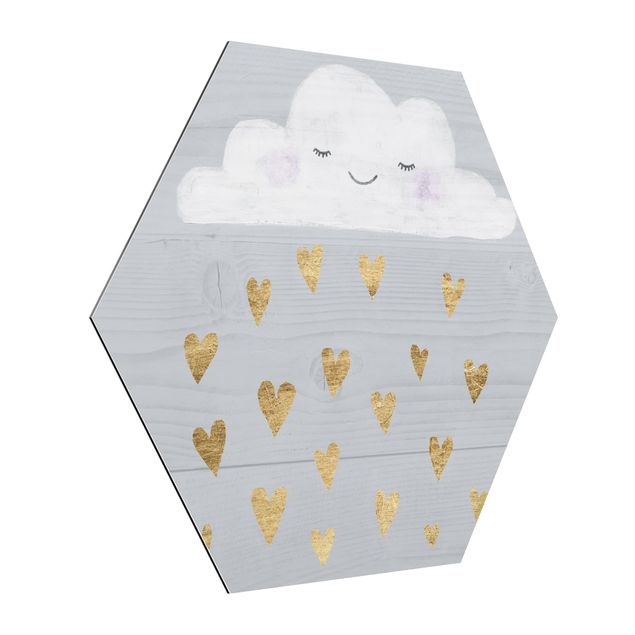 Hexagon Bild Alu-Dibond - Wolke mit goldenen Herzen
