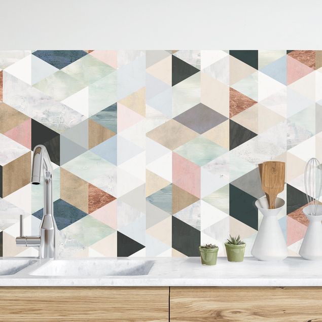 Platte Küchenrückwand Aquarell-Mosaik mit Dreiecken III