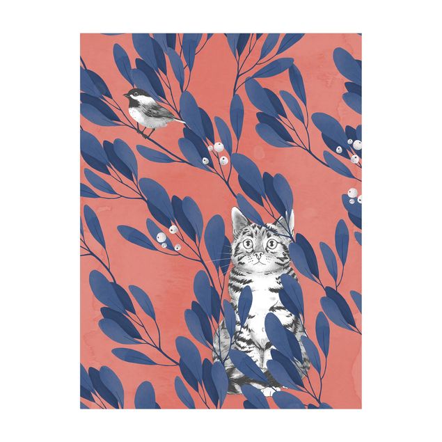 Teppich modern Illustration Katze und Vogel auf Ast Blau Rot
