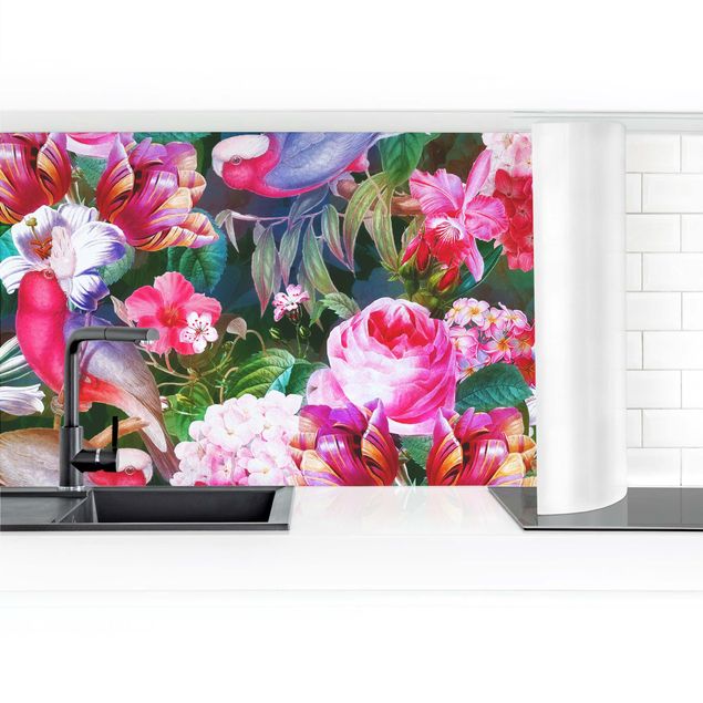Küchenrückwand selbstklebend Bunte Tropische Blumen mit Vögeln Pink II