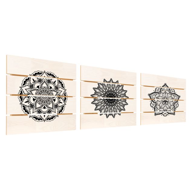 Holzbild 3-teilig - Mandala Blüte Sonne Illustration Set Schwarz Weiß - Quadrate 1:1