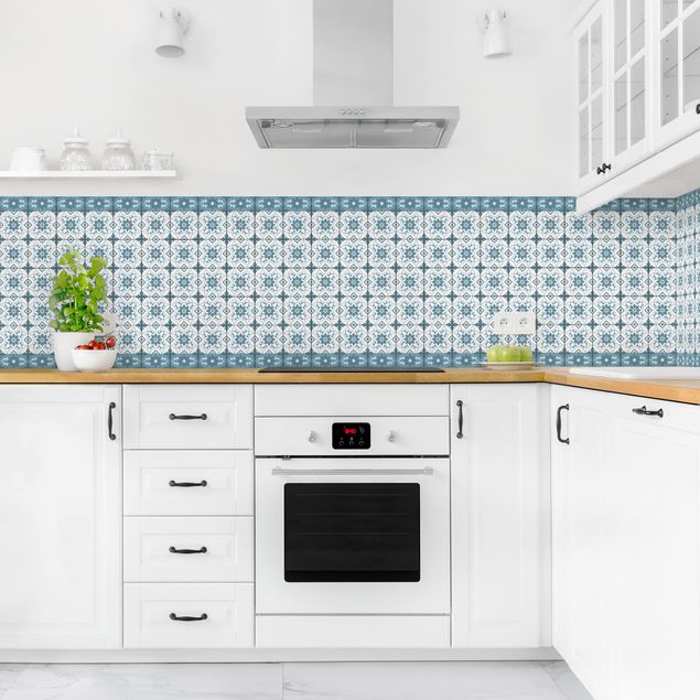 Wandpaneele Küche Geometrischer Fliesenmix Blume Blaugrau