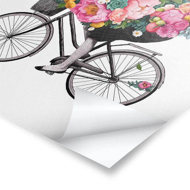 Poster - Illustration Frau auf Fahrrad Collage bunte Blumen - Hochformat 4:3