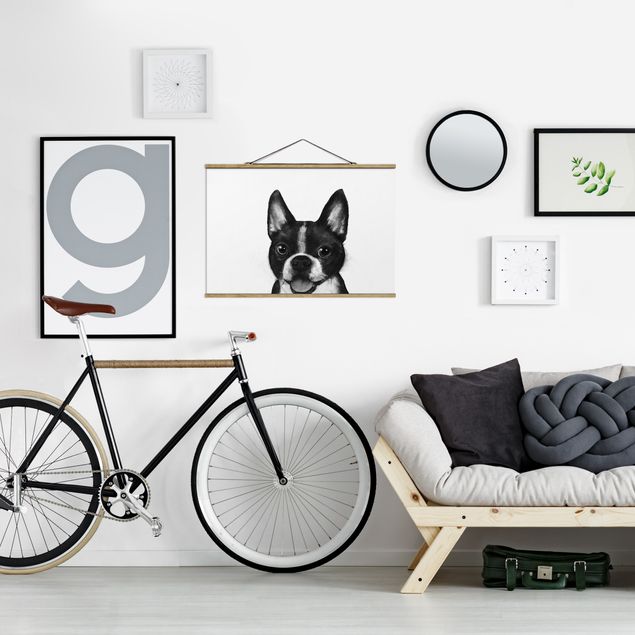 Stoffbilder mit Posterleisten Illustration Hund Boston Schwarz Weiß Malerei