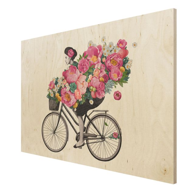 Holzbild - Illustration Frau auf Fahrrad Collage bunte Blumen - Querformat 2:3