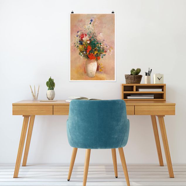 Moderne Poster Odilon Redon - Vase mit Blumen (rosenfarbener Hintergrund)