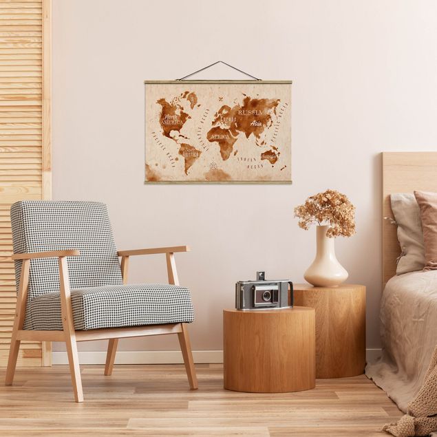 Stoffbilder mit Posterleisten Weltkarte Aquarell beige braun