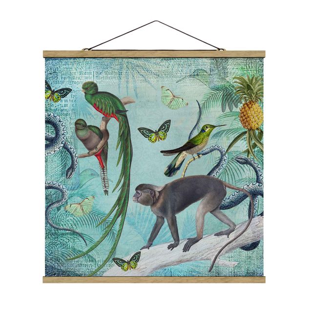 Stoffbild mit Posterleisten - Colonial Style Collage - Äffchen und Paradiesvögel - Quadrat 1:1