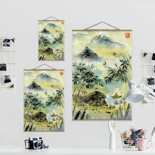 Stoffbild mit Posterleisten - Japanische Aquarell Zeichnung Bambuswald - Hochformat 2:3