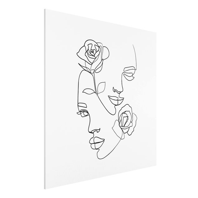 Forex Fine Art Print - Line Art Gesichter Frauen Rosen Schwarz Weiß - Quadrat 1:1