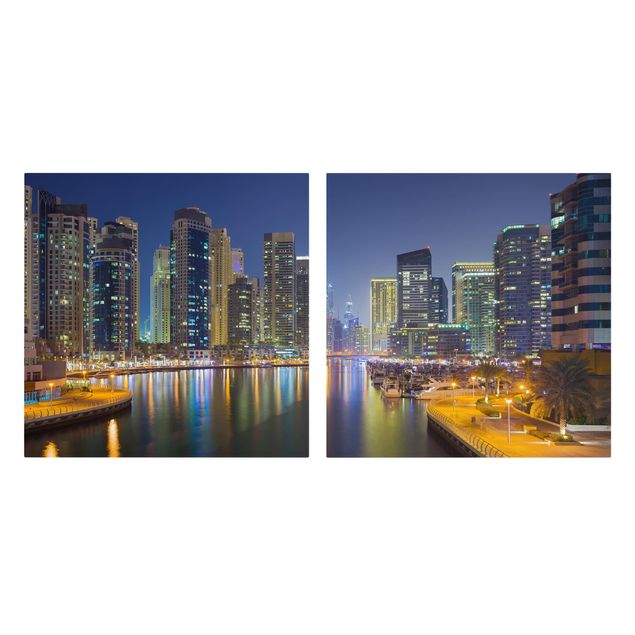 Leinwandbild 2-teilig - Dubai Nacht Skyline - Quadrate 1:1
