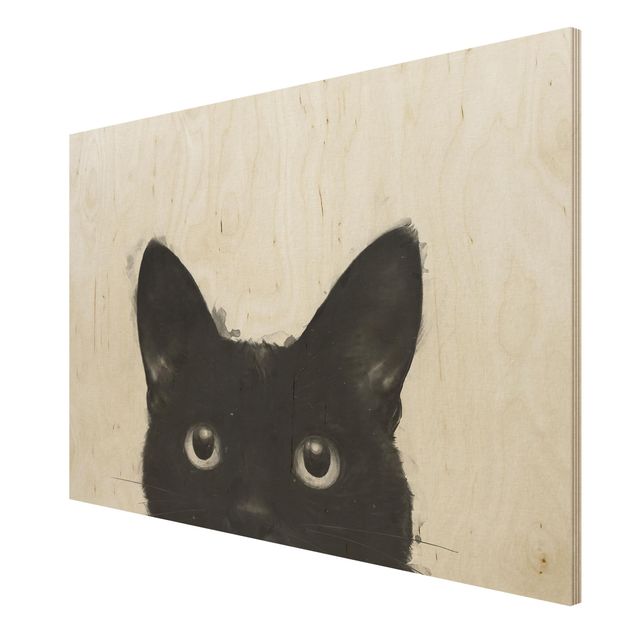Wandbild Holz Illustration Schwarze Katze auf Weiß Malerei