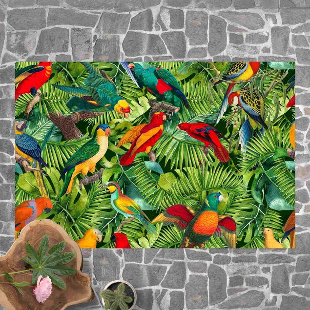 Teppich für Balkon Bunte Collage - Papageien im Dschungel