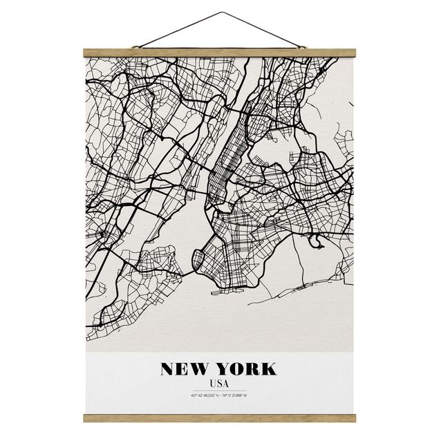 Stoffbild mit Posterleisten - Stadtplan New York - Klassik - Hochformat 3:4