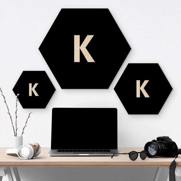 Hexagon Bild Holz - Buchstabe Schwarz K