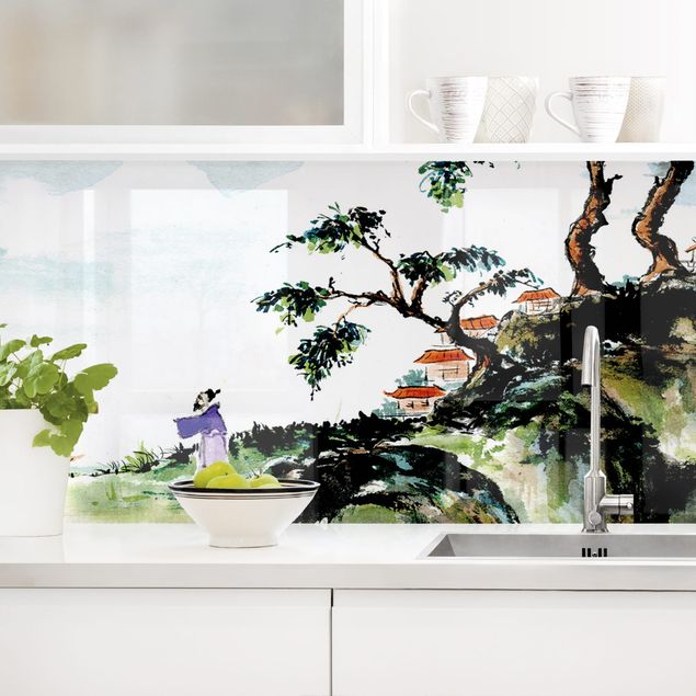 Platte Küchenrückwand Japanische Aquarell Zeichnung See und Berge