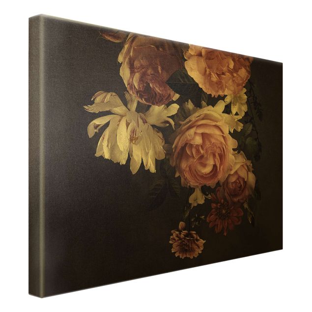 Leinwandbild Gold - Rosa Blumen auf Schwarz Vintage - Querformat 4:3