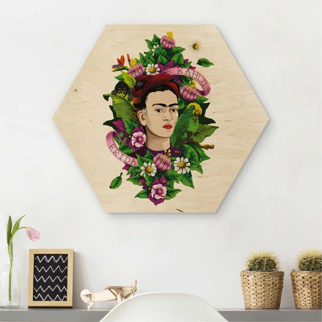 Holzbild Blumen Frida Kahlo - Frida, Äffchen und Papagei