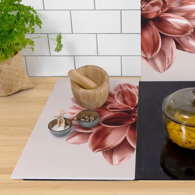 Herdabdeckplatte Glas - Dahlie Blume Rosegold Metallic - 52x60cm