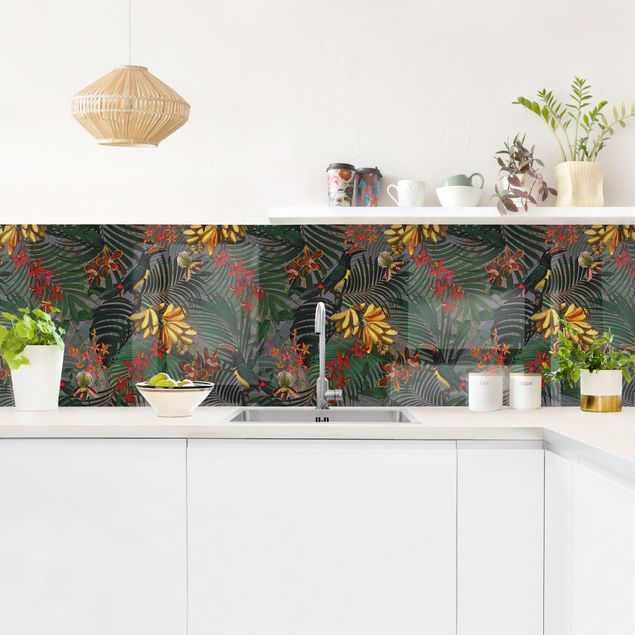 Wandpaneele Küche Tropische Farne mit Tucan Grün I