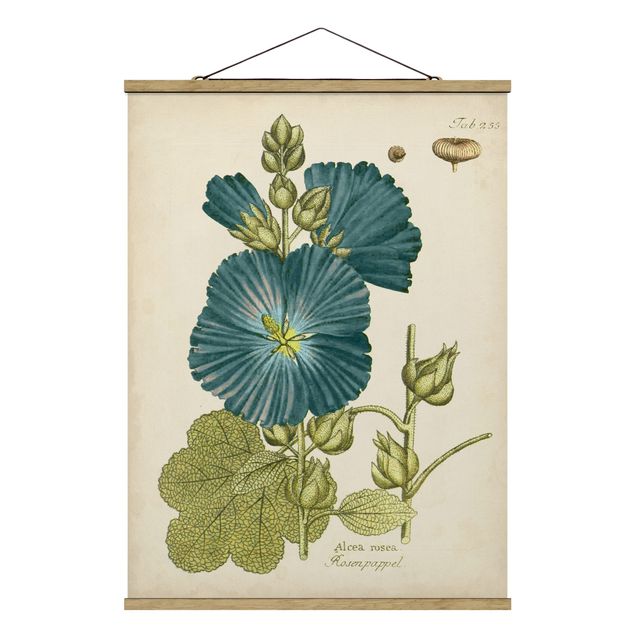 Stoffbild mit Posterleisten - Vintage Botanik in Blau Rosenpappel - Hochformat 3:4