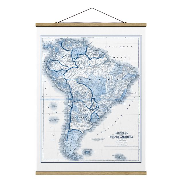 Stoffbild mit Posterleisten - Karte in Blautönen - Südamerika - Hochformat 3:4