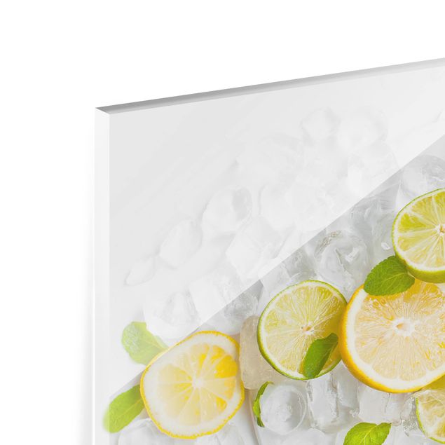 Glas Spritzschutz - Zitrusfrüchte auf Eiswürfel - Querformat - 4:3