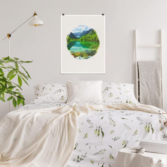 Poster Landschaft Wasserfarben - Bergsee mit Spiegelung