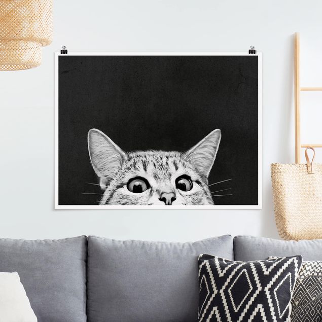 Poster - Illustration Katze Schwarz Weiß Zeichnung - Querformat 3:4