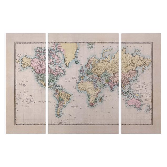 Leinwandbild 3-teilig - Vintage Weltkarte um 1850 - Tryptichon