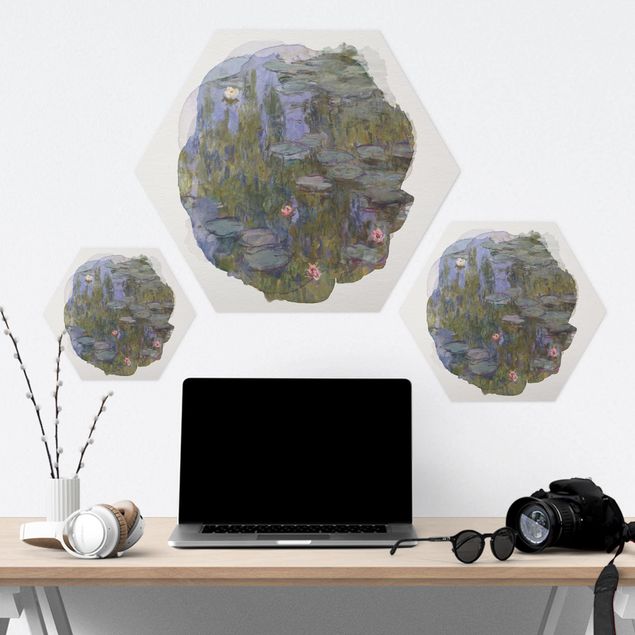 Hexagon Bild Alu-Dibond - Wasserfarben - Claude Monet - Seerosen (Nympheas)