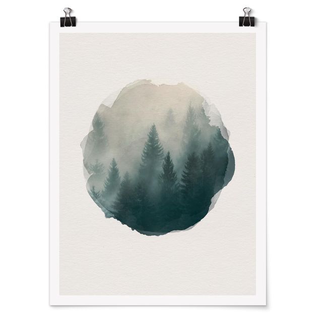 Poster - Wasserfarben - Nadelwald im Nebel - Hochformat 4:3