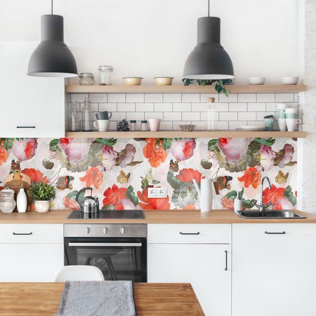 Wandpaneele Küche Rote Blumen mit Schmetterlingen